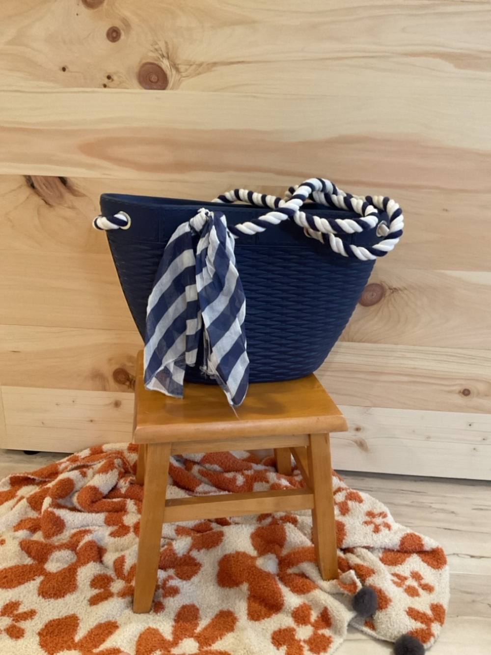 Navy Woven Rope-Handle Tote with Striped Scarf